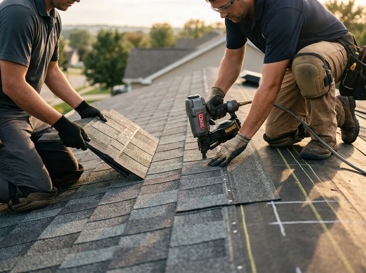 Professional roofer working on a residential roof in Pequea